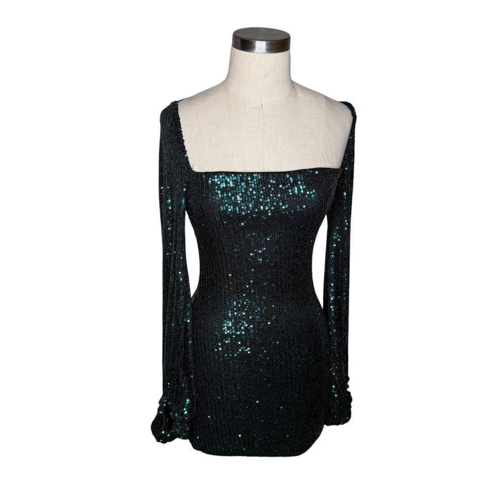 LUCY IN THE SKY Sequin Mini Dress Green Black Open Back Women's Size Small